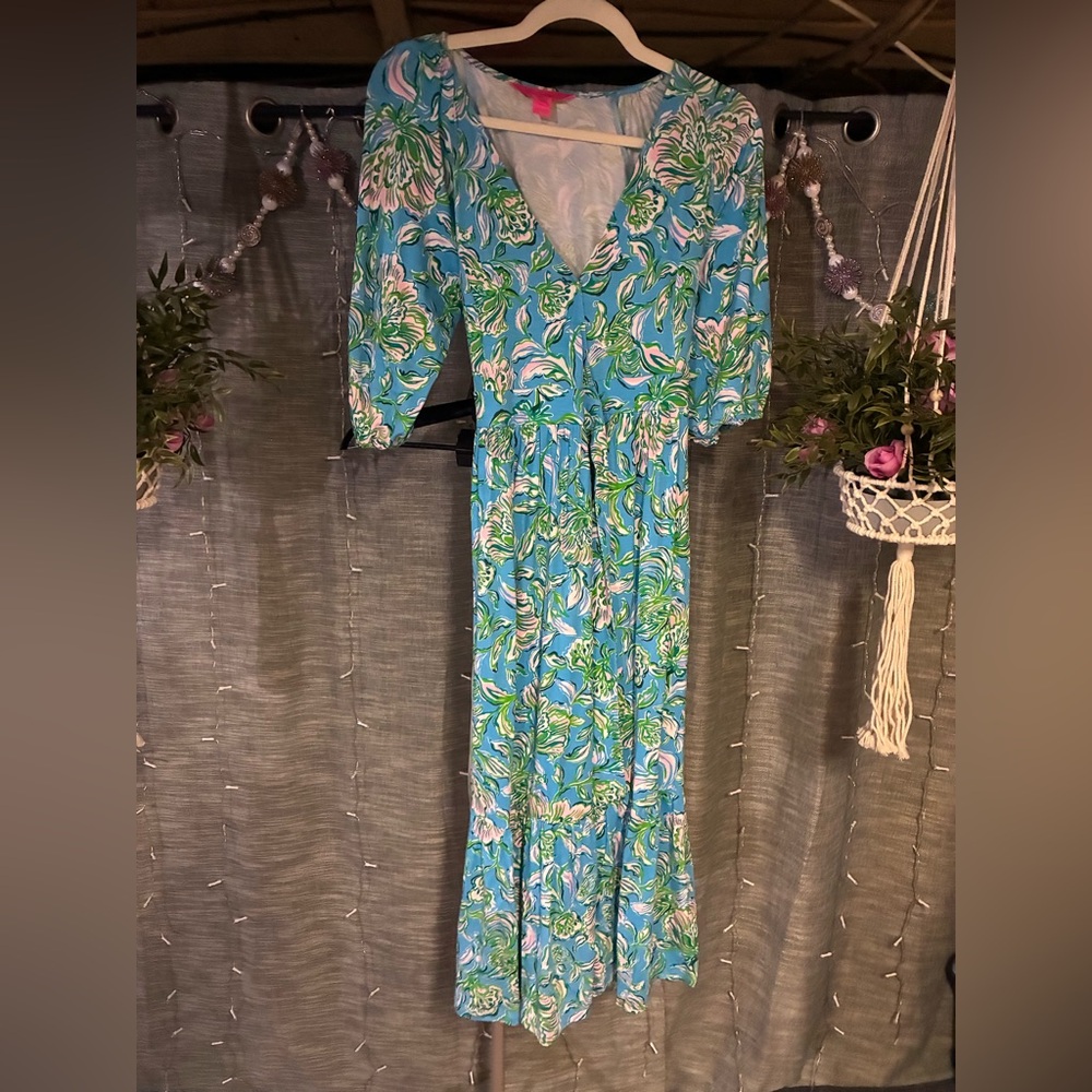 🌻 2/$25 - Lilly Pulitzer Blue Green Floral Maxi Wrap Dress NWOT